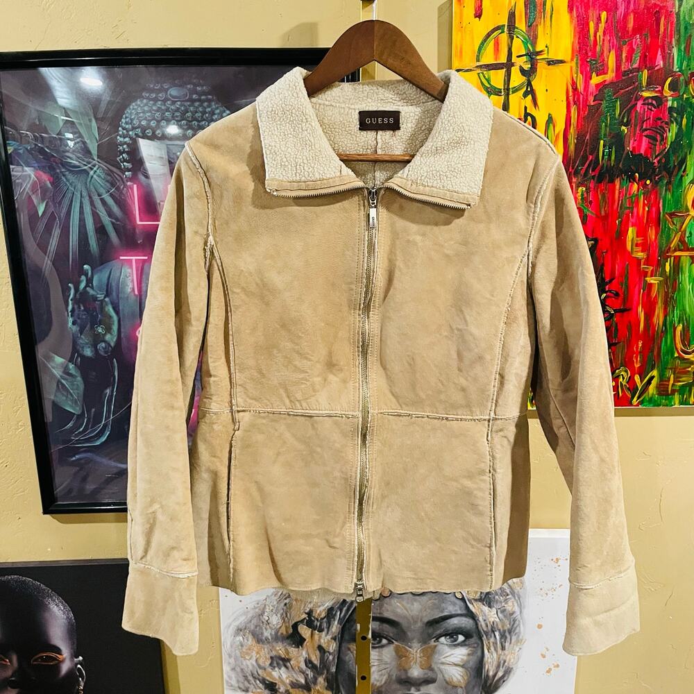 Y2K Guess Vintage Grunge Leather Suede Brown Sherpa Lined Jacket Size M
